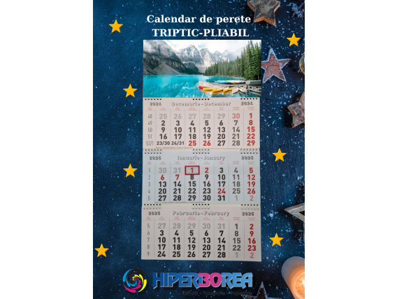 Calendar de perete triptic pliabil cu spirala 2025