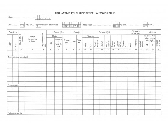 Fișa activității zilnice pt. autovehicule