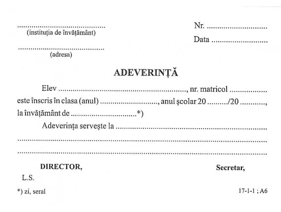 Adeverinţă pentru elevi