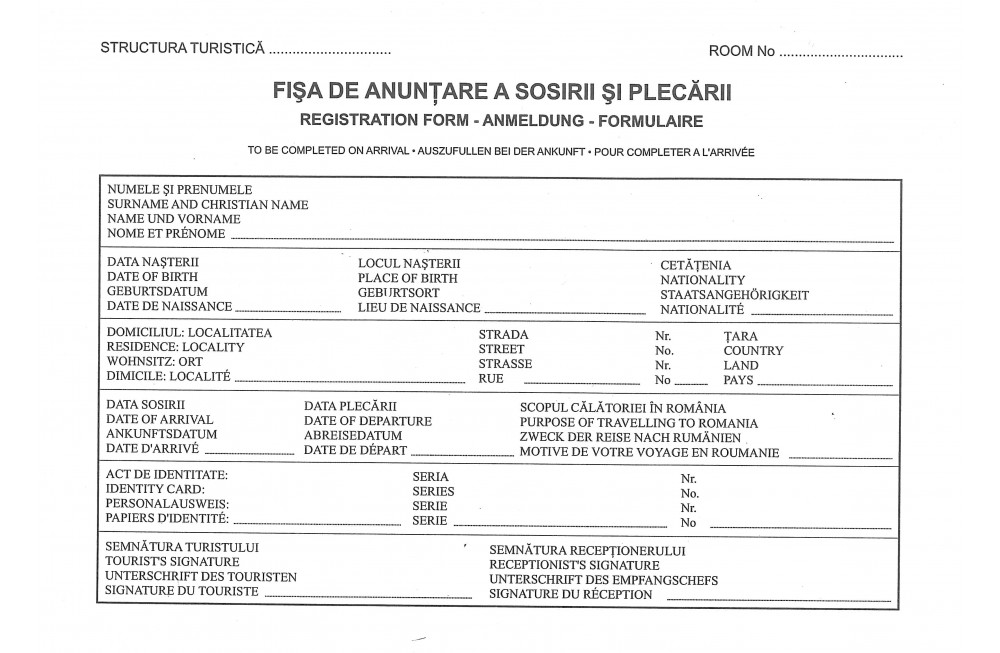 Fisa De Anuntare A Sosirii Si Plecarii Turistilor