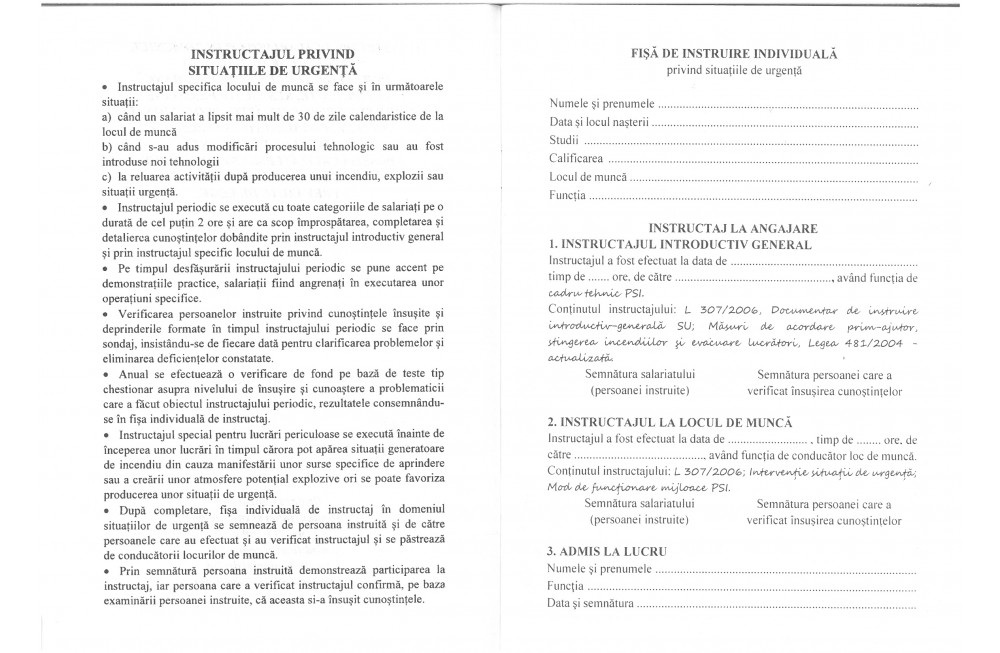 Fisă Individuală Instructaj Situaţii De Urgenţă