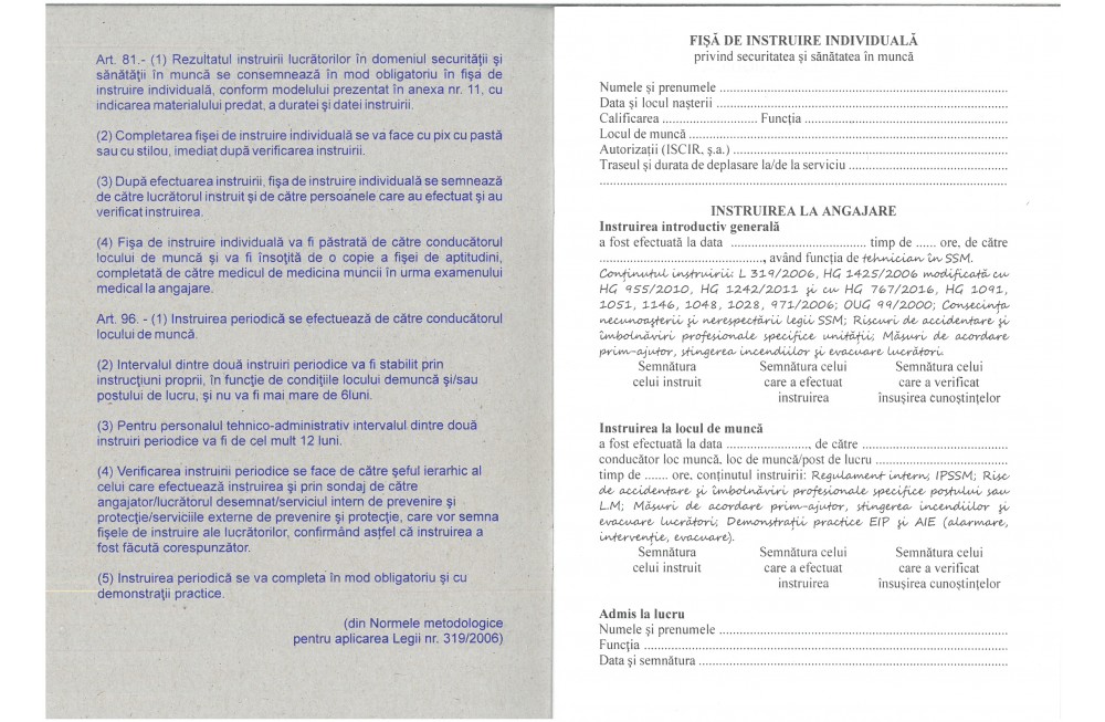 Fisă Individuală De Securitate Si Sănătate In Muncă